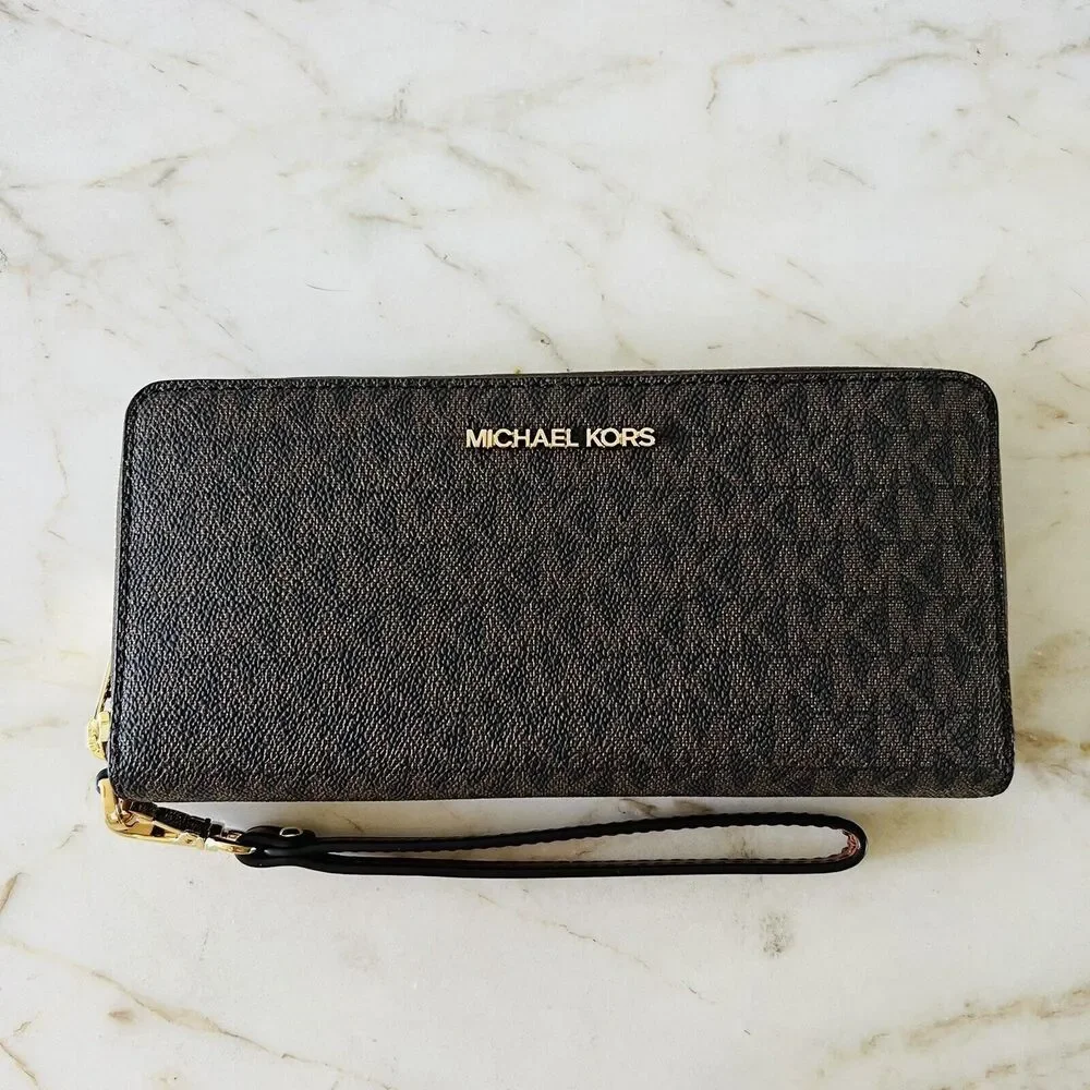 MICHAEL KORS Jet Set Travel Brown Leather Large Continental Zip Wallet Wristlet